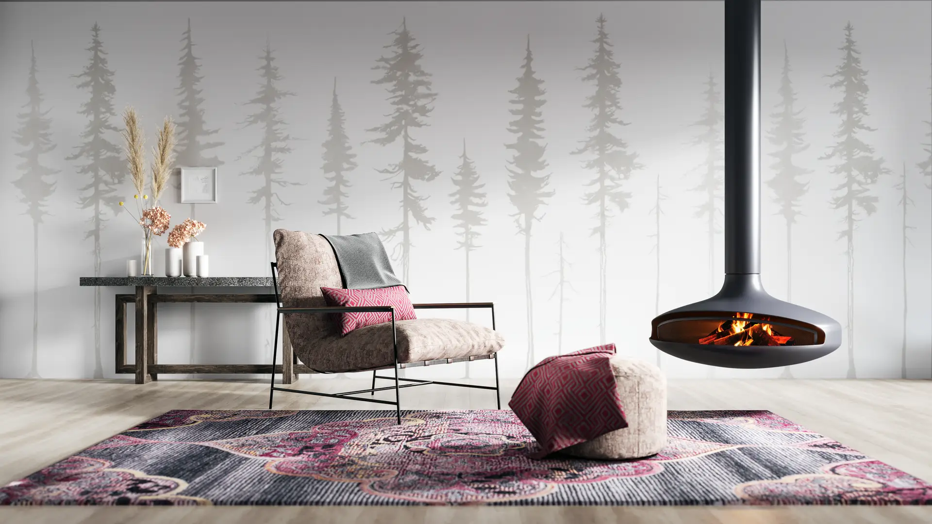 Misty Forest mural trees beige preview