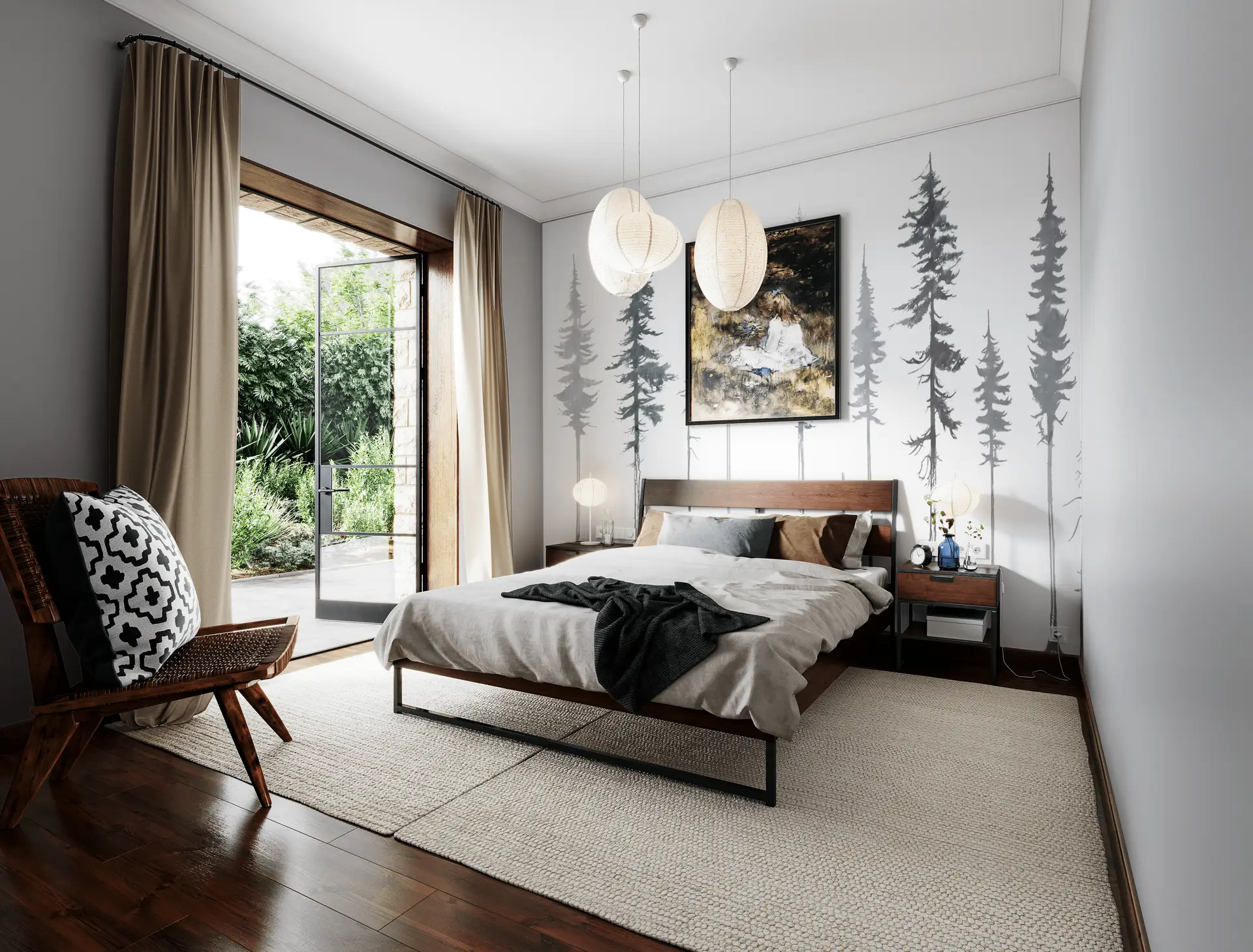 Misty Forest mural trees grey preview