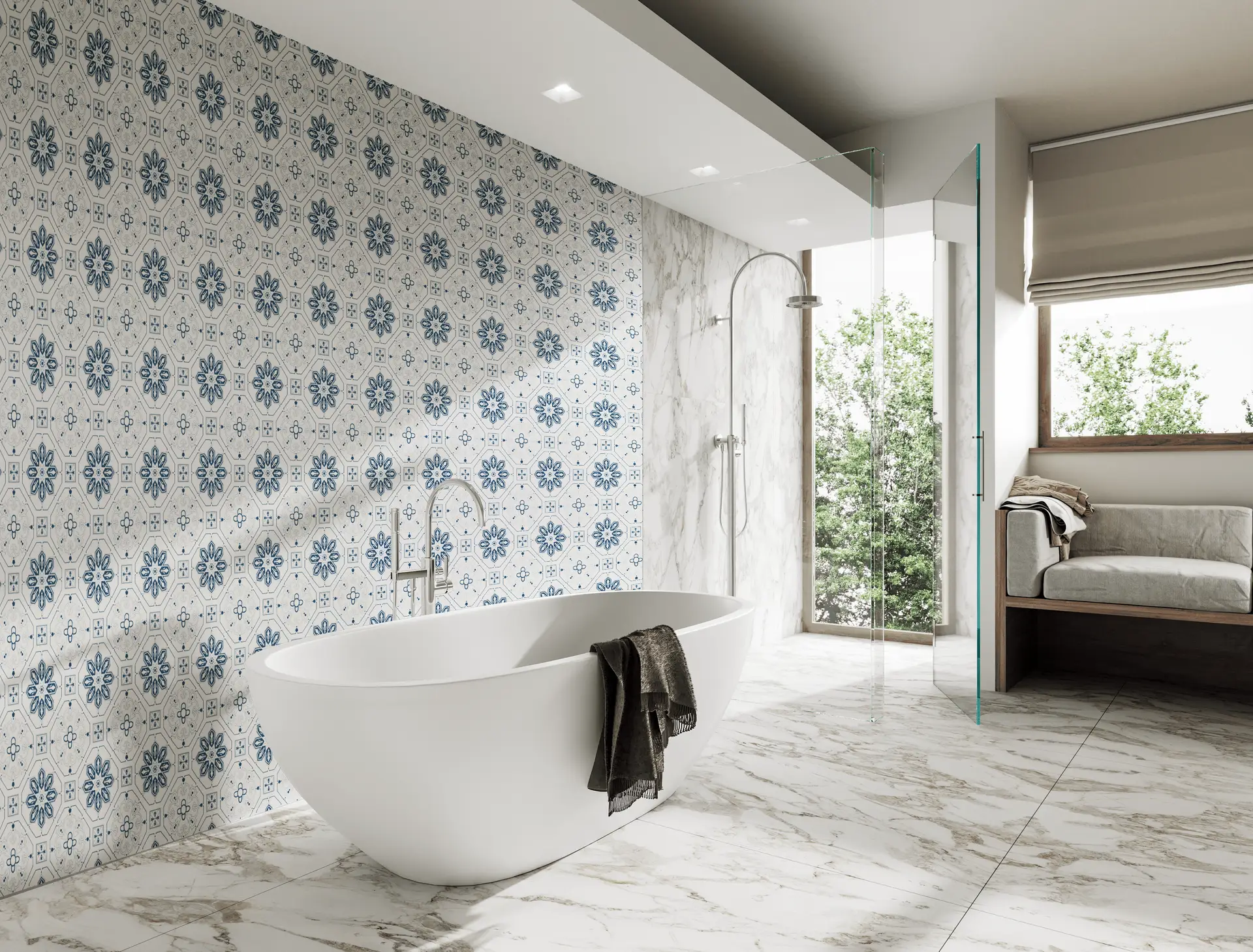 Ornamental Tiles Beige and Dark Blue wallpaper preview